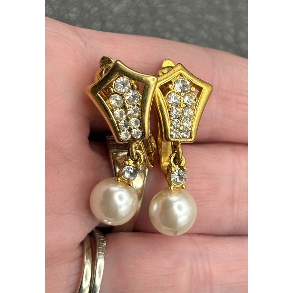 Vintage Gold Tone Rhinestone & Faux Pearl Drop Clip-On Earrings